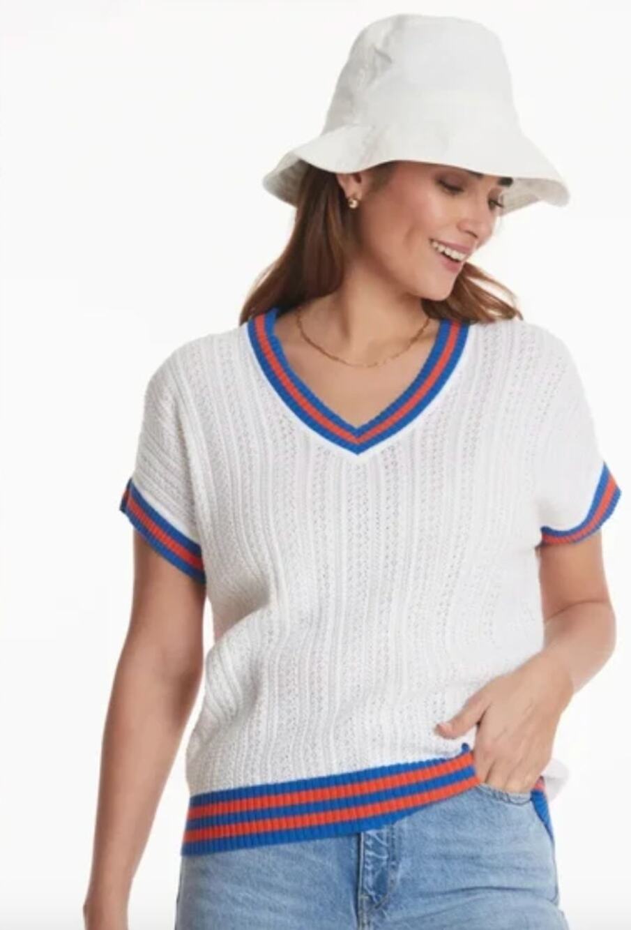 Tyler Boe Pointelle Striped Cricket Tennis Vest Popover Boxy sz S Red White Blue